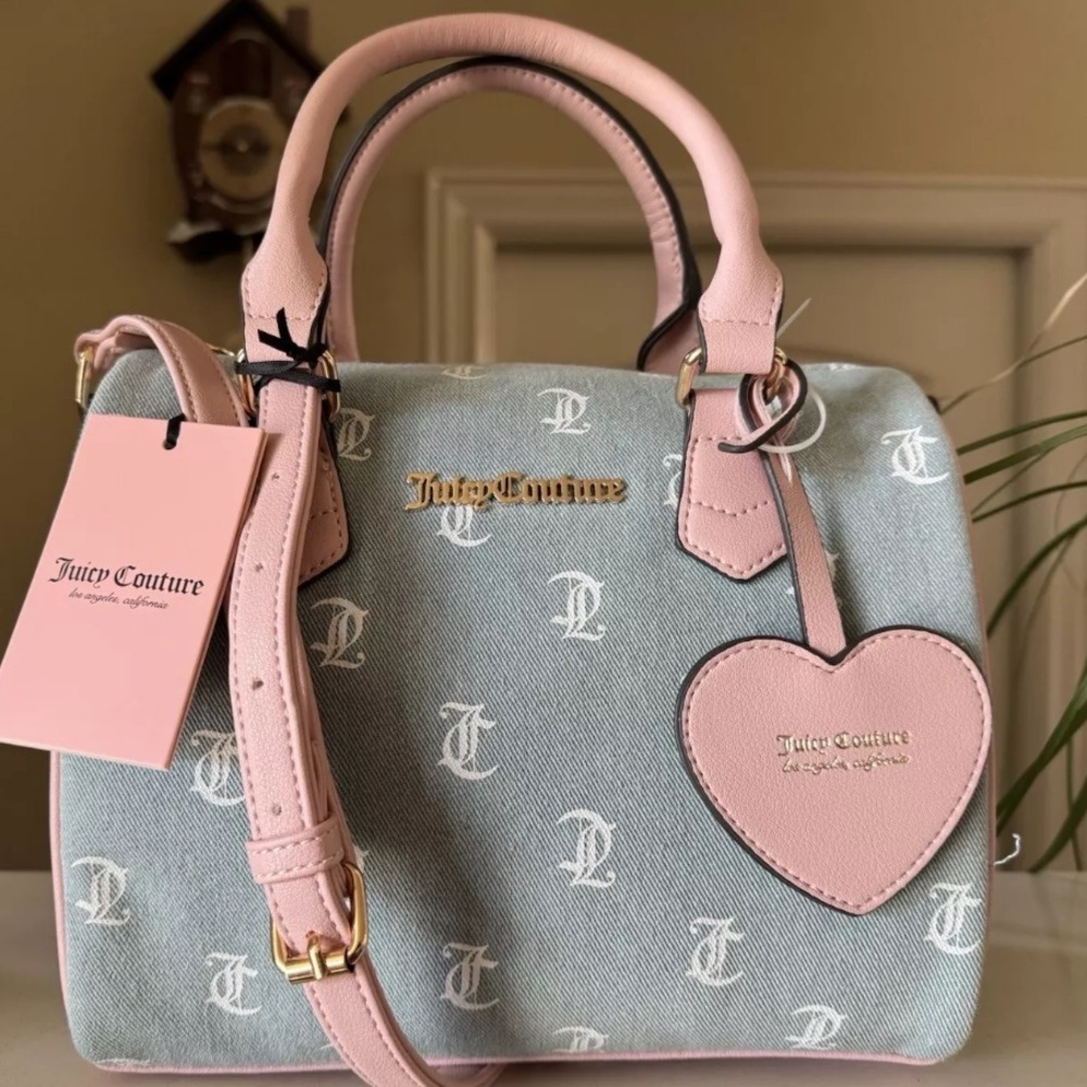 Juicy Couture Pink Denim White Bestseller Fame Satchel Crossbody Heart Charm Bag